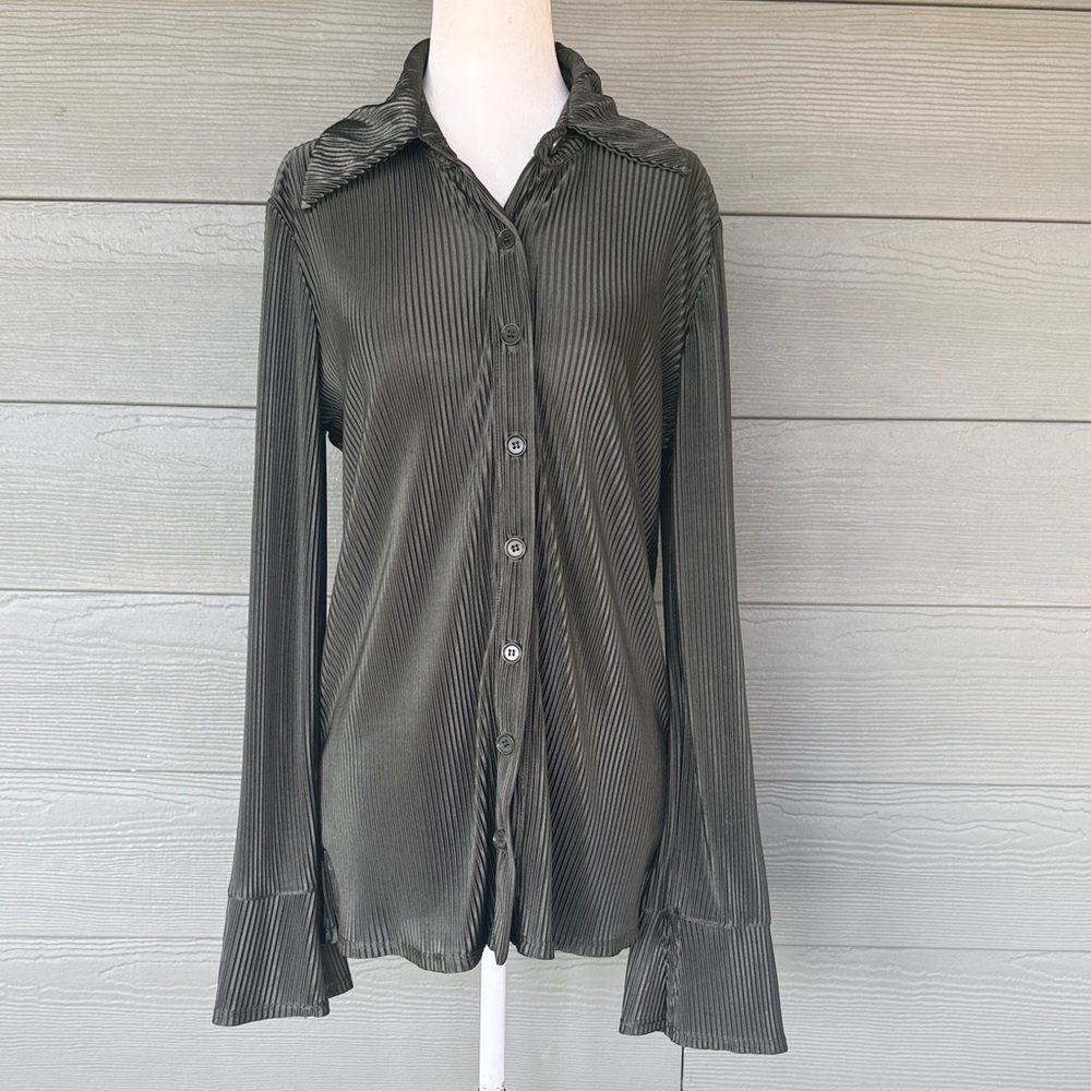 Reformation Pleated Long-Sleeve Button Down Top in Olive Green